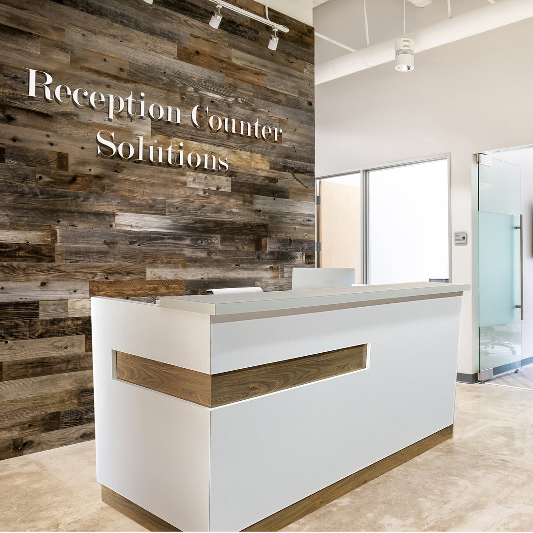 Modern Reception Desk with Reclaimed wood back wall