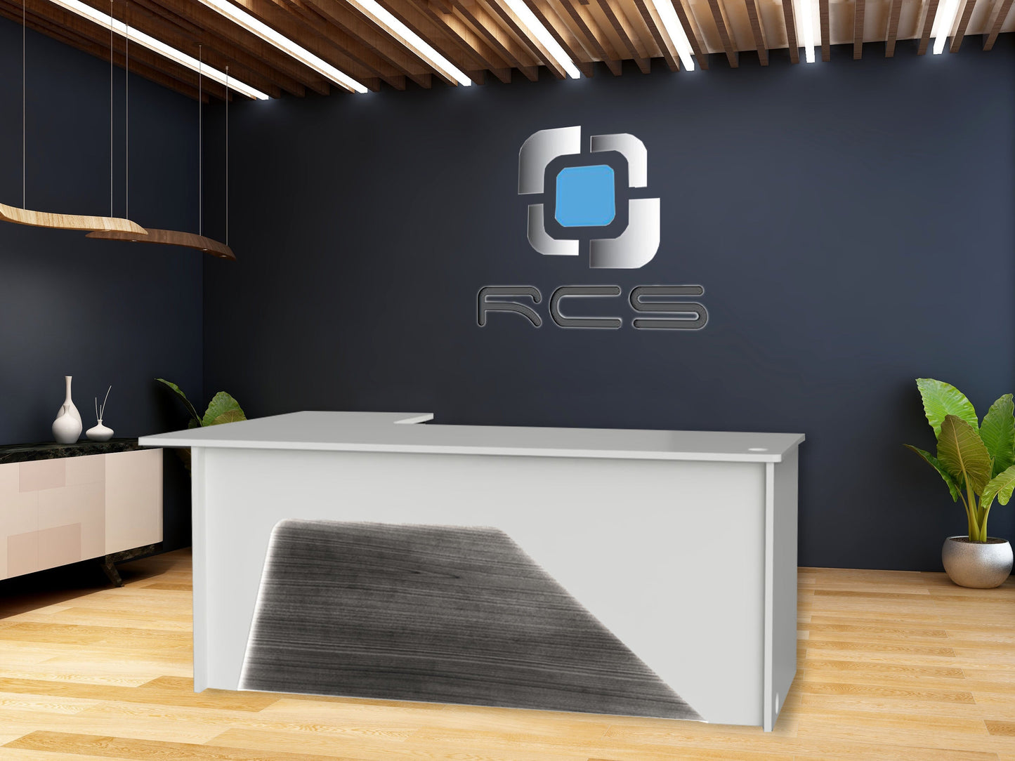 An elegant and streamlined modern office desk with a sleek design. The desk features a minimalist aesthetic with clean lines, a smooth surface, and a contemporary color scheme. It includes ample workspace, integrated storage compartments, and stylish metal or wooden legs. Perfect for a productive and modern work environment
