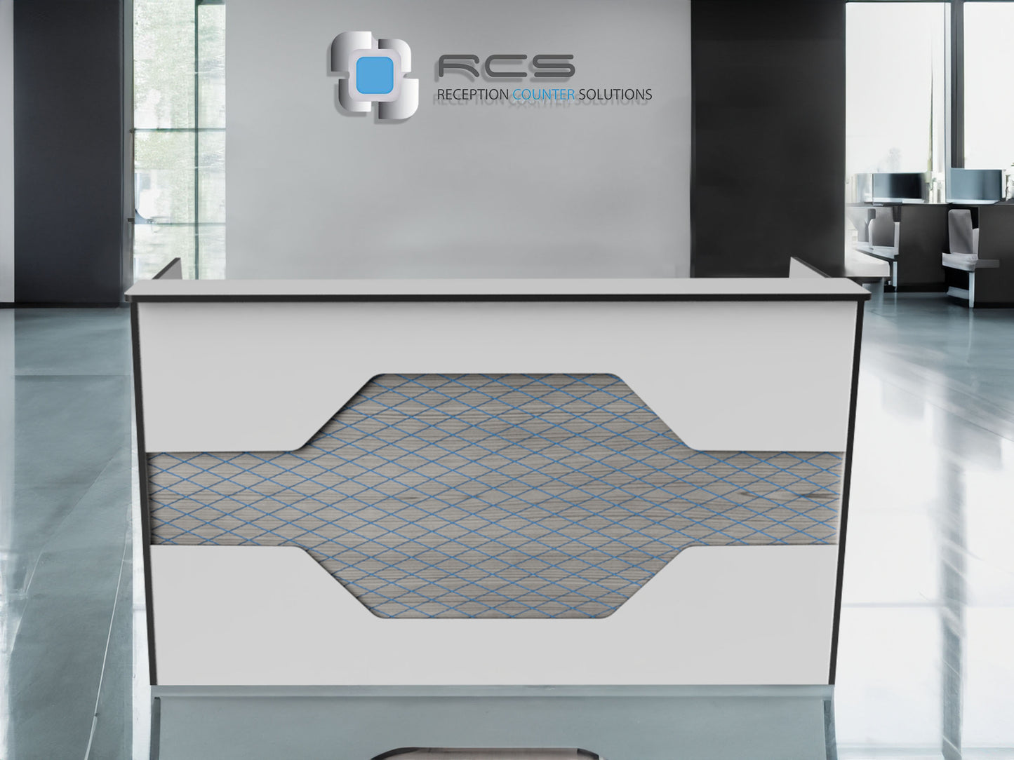 Modern White Los Angeles reception desk that can be used as a sales counter, check in desk, and other office furniture uses