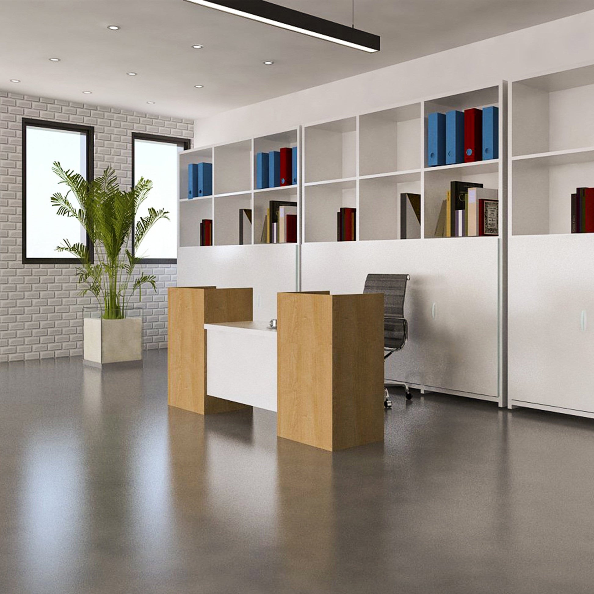 Contemporary reception desk workstation has a modern look with bold elements.