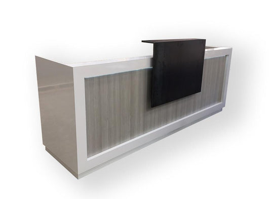 This sleek yet bold reception counter or reception desk has a modern look with a warm feel.