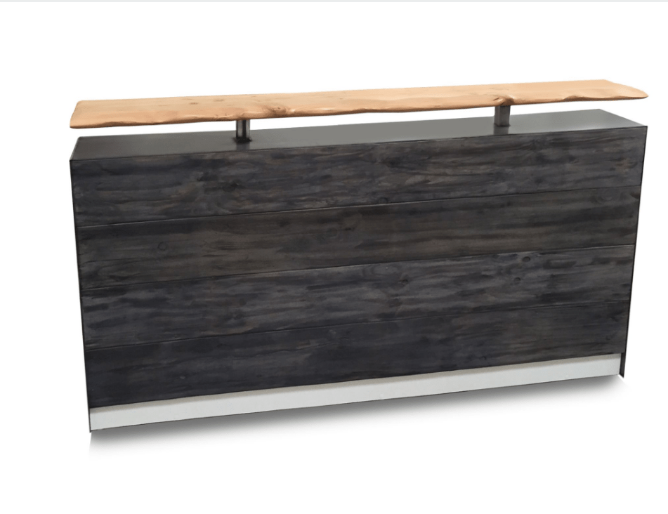 Transitional reception desk with distressed wood and live edge riser 