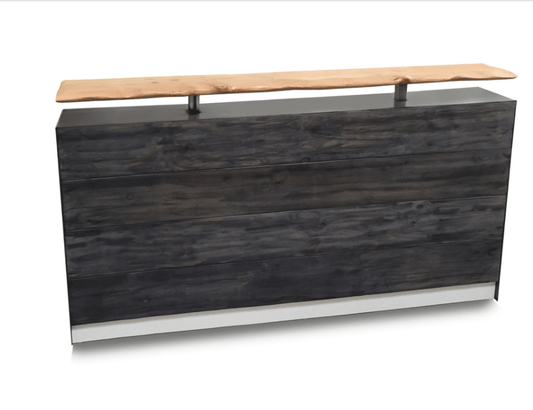 Transitional reception desk with distressed wood and live edge riser
