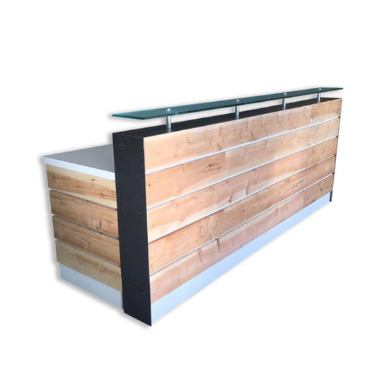 White Memphis Reception Desk With Glass Riser and Cedar Slats