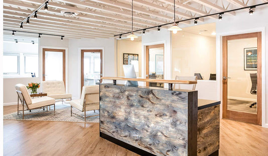 reclaimed wood reception desk in office 