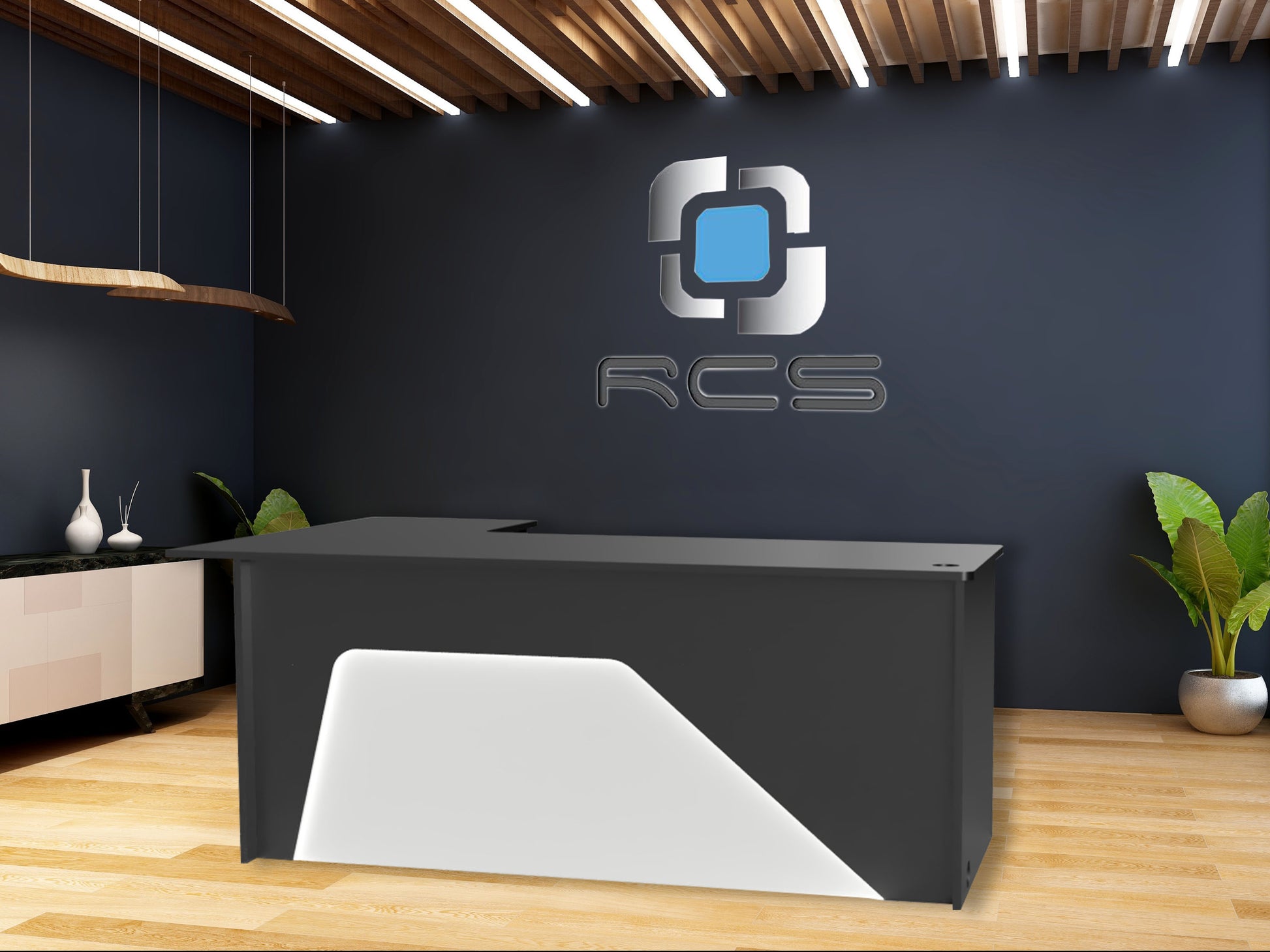 An elegant and streamlined modern office desk with a sleek design. The desk features a minimalist aesthetic with clean lines, a smooth surface, and a contemporary color scheme. It includes ample workspace, integrated storage compartments, and stylish metal or wooden legs. Perfect for a productive and modern work environment