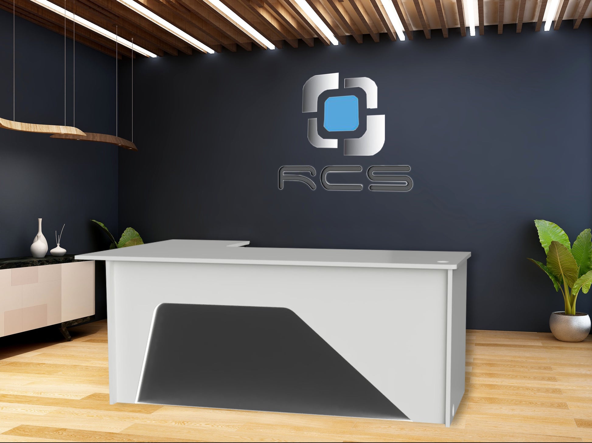 An elegant and streamlined modern office desk with a sleek design. The desk features a minimalist aesthetic with clean lines, a smooth surface, and a contemporary color scheme. It includes ample workspace, integrated storage compartments, and stylish metal or wooden legs. Perfect for a productive and modern work environment