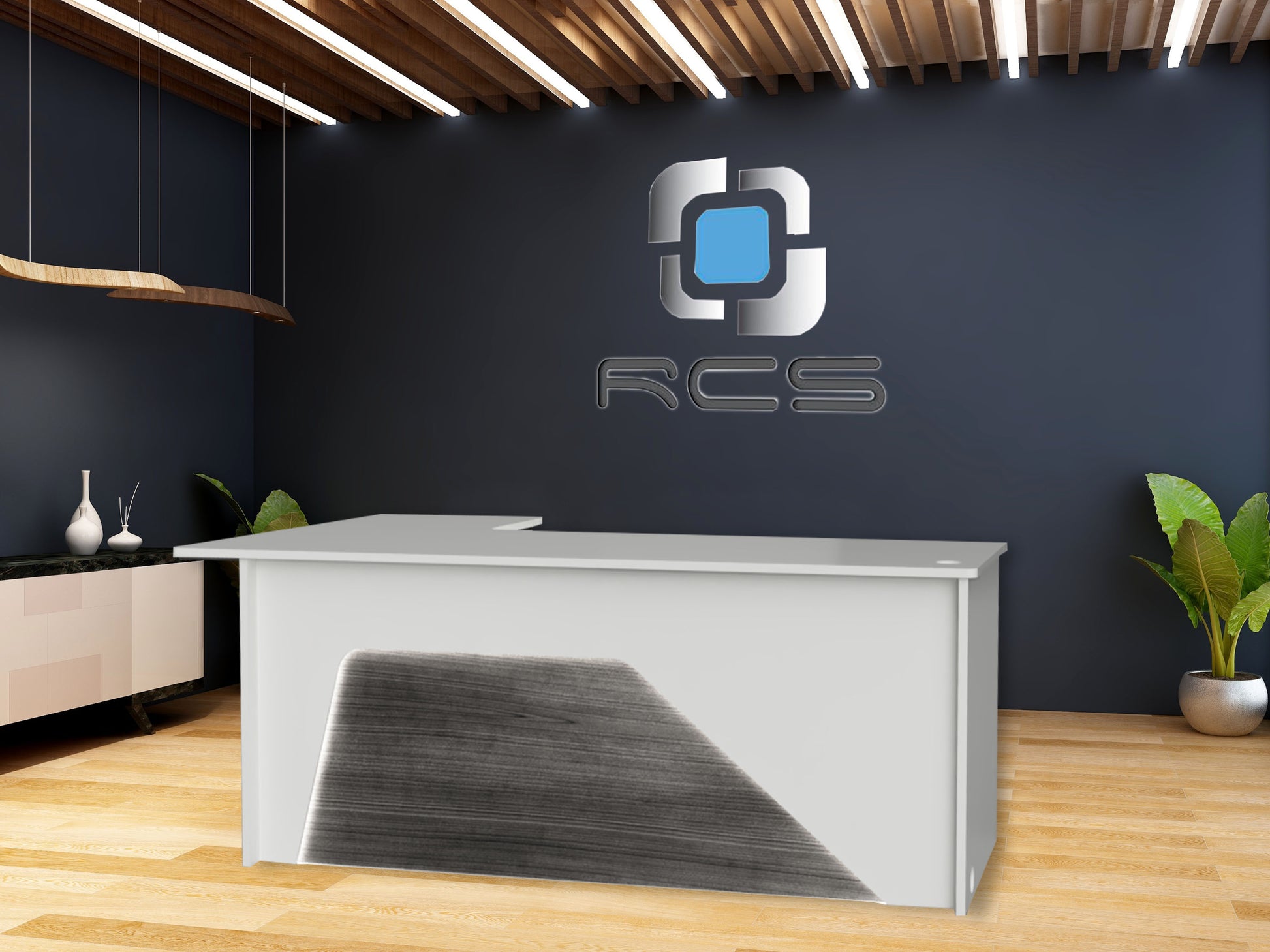 An elegant and streamlined modern office desk with a sleek design. The desk features a minimalist aesthetic with clean lines, a smooth surface, and a contemporary color scheme. It includes ample workspace, integrated storage compartments, and stylish metal or wooden legs. Perfect for a productive and modern work environment