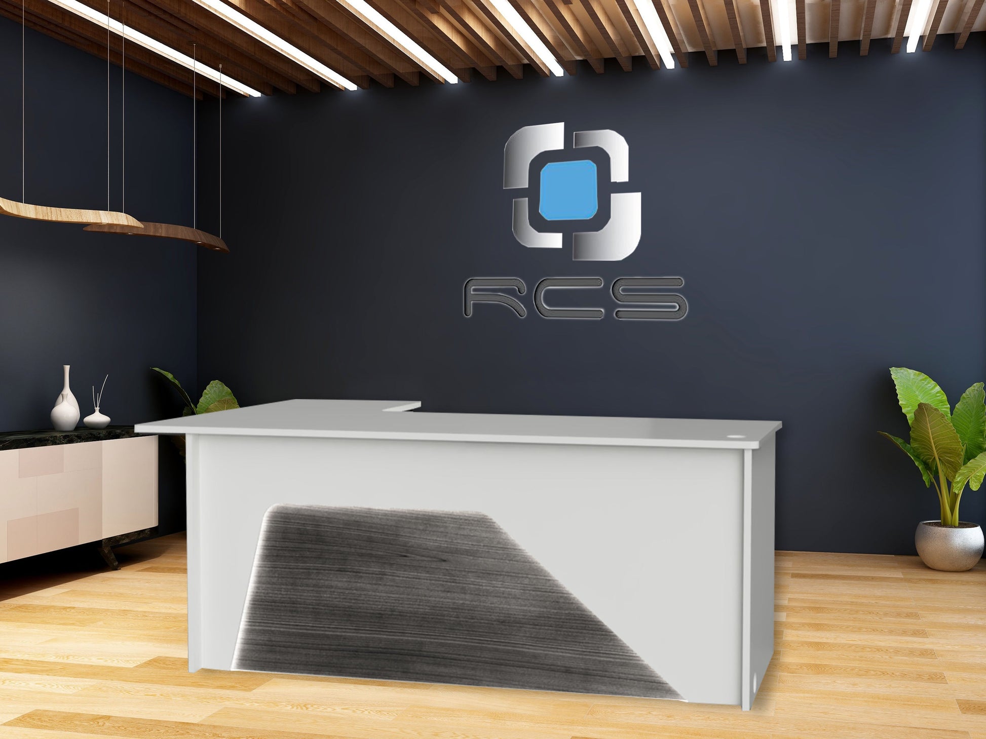 An elegant and streamlined modern office desk with a sleek design. The desk features a minimalist aesthetic with clean lines, a smooth surface, and a contemporary color scheme. It includes ample workspace, integrated storage compartments, and stylish metal or wooden legs. Perfect for a productive and modern work environment