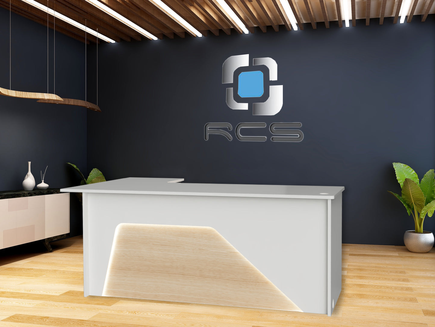 An elegant and streamlined modern office desk with a sleek design. The desk features a minimalist aesthetic with clean lines, a smooth surface, and a contemporary color scheme. It includes ample workspace, integrated storage compartments, and stylish metal or wooden legs. Perfect for a productive and modern work environment