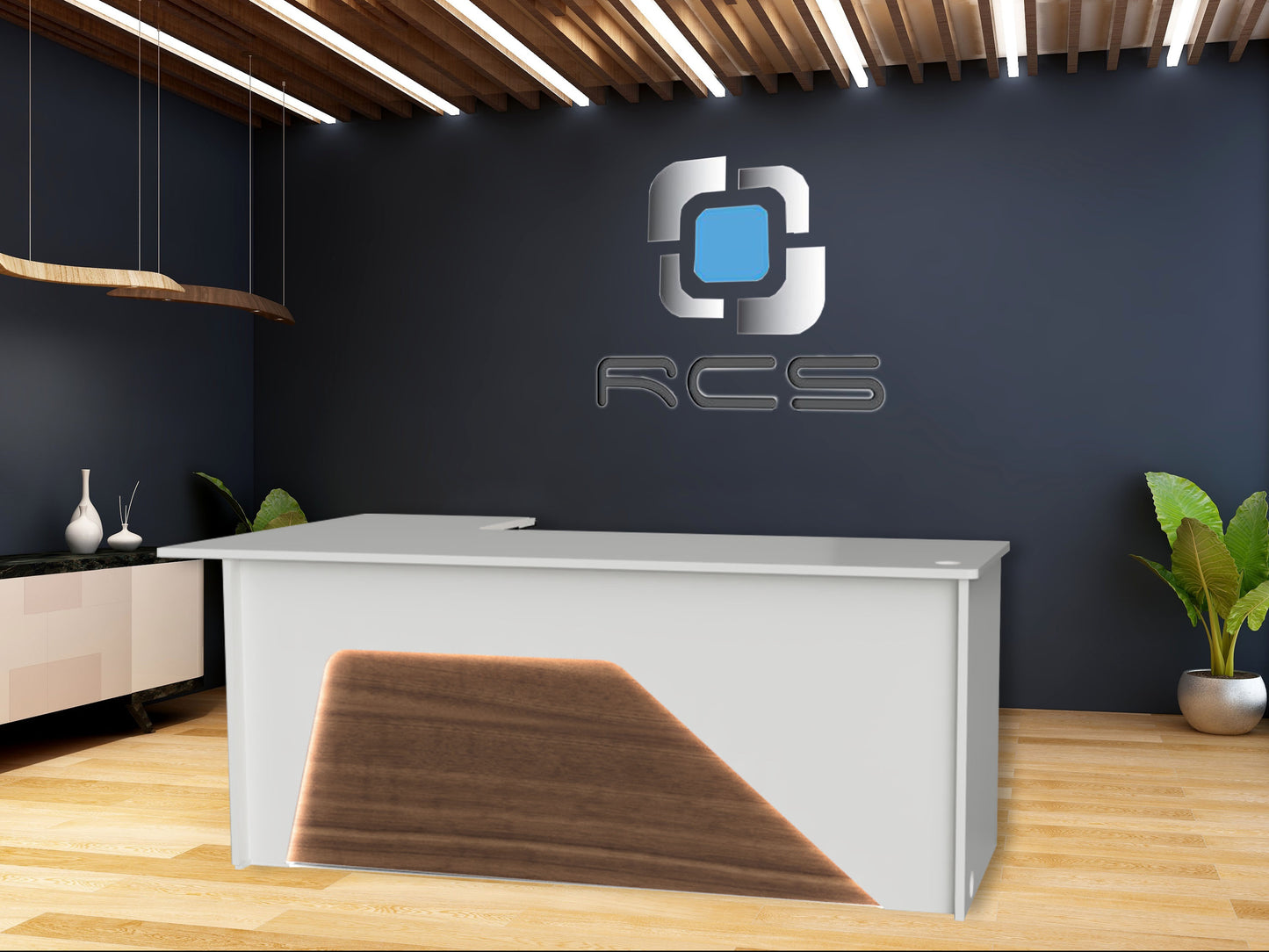 An elegant and streamlined modern office desk with a sleek design. The desk features a minimalist aesthetic with clean lines, a smooth surface, and a contemporary color scheme. It includes ample workspace, integrated storage compartments, and stylish metal or wooden legs. Perfect for a productive and modern work environment