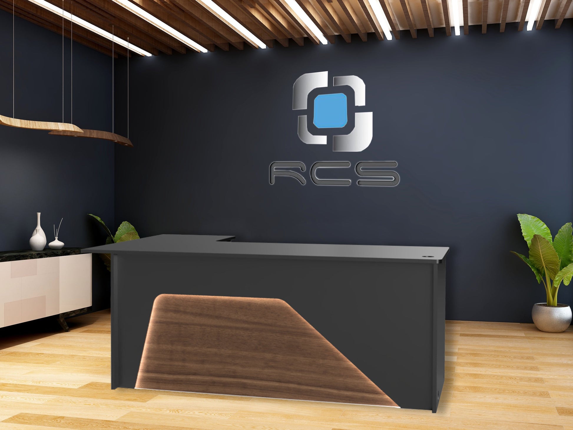 An elegant and streamlined modern office desk with a sleek design. The desk features a minimalist aesthetic with clean lines, a smooth surface, and a contemporary color scheme. It includes ample workspace, integrated storage compartments, and stylish metal or wooden legs. Perfect for a productive and modern work environment