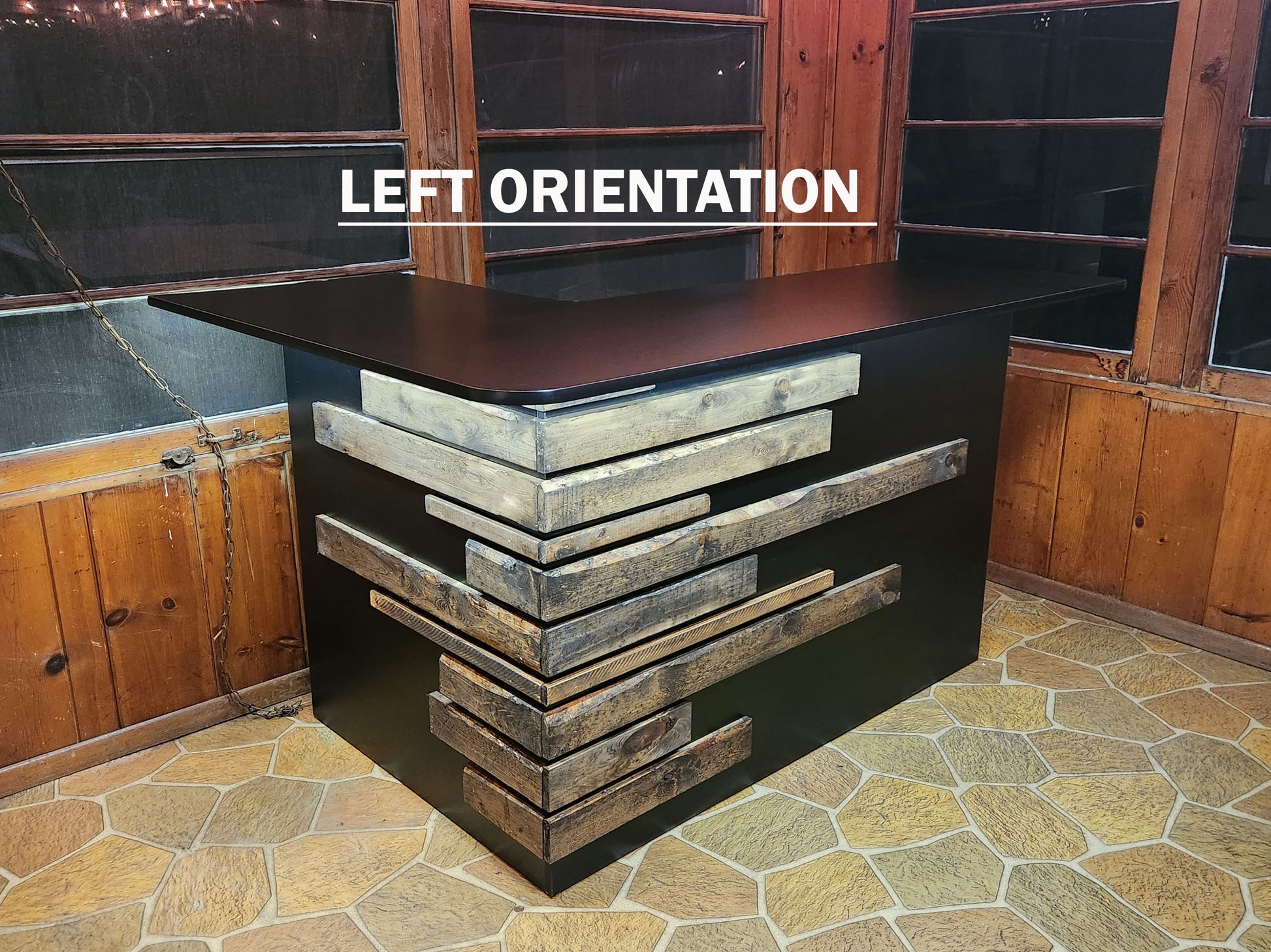 Rustic home bar crafted from reclaimed wood, featuring distressed finishes and ample storage shelves for bottles and glassware, creating a cozy and inviting atmosphere for entertaining guests