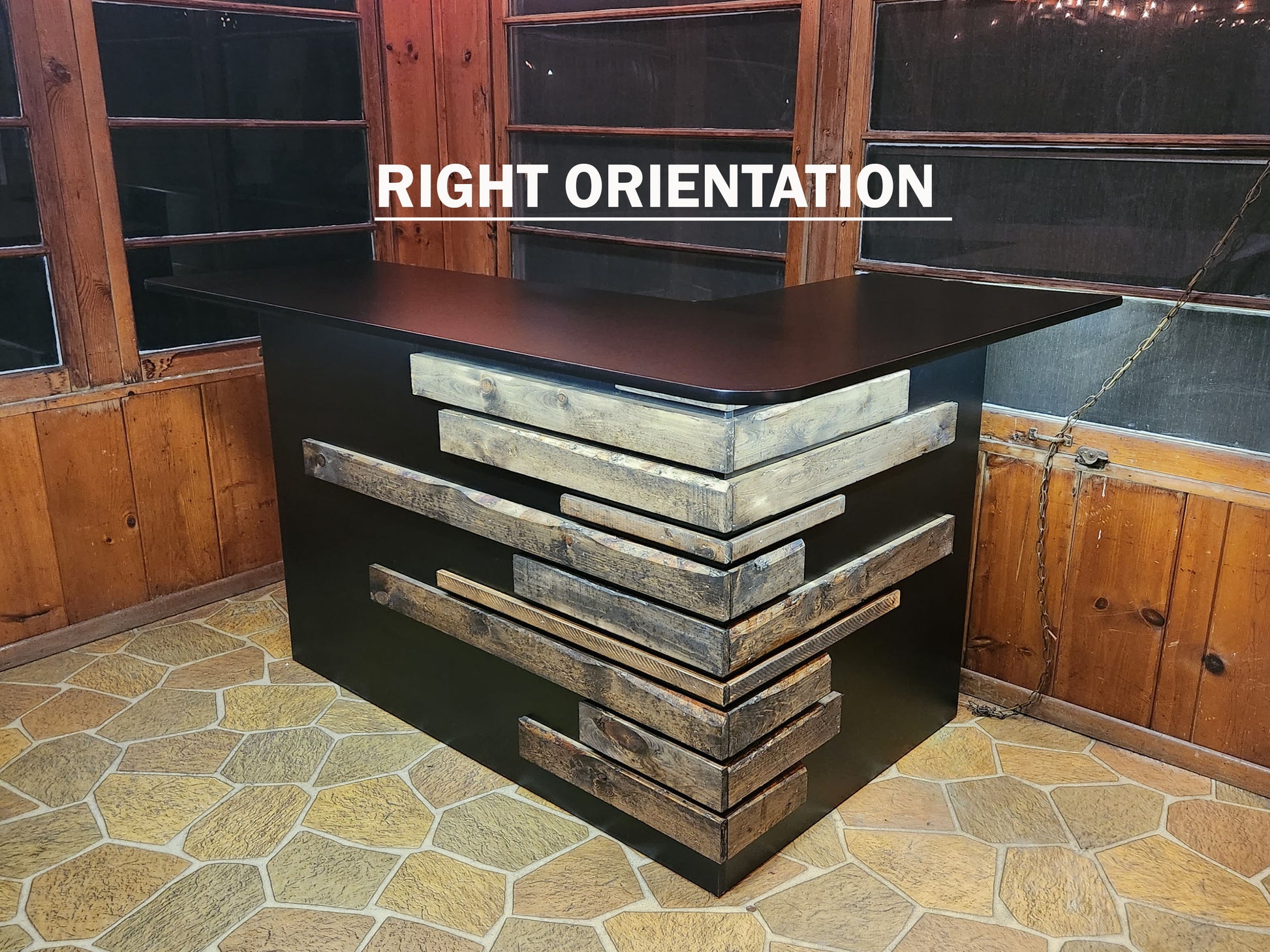 Rustic home bar crafted from reclaimed wood, featuring distressed finishes and ample storage shelves for bottles and glassware, creating a cozy and inviting atmosphere for entertaining guests
