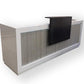 This sleek yet bold reception counter or reception desk has a modern look with a warm feel.