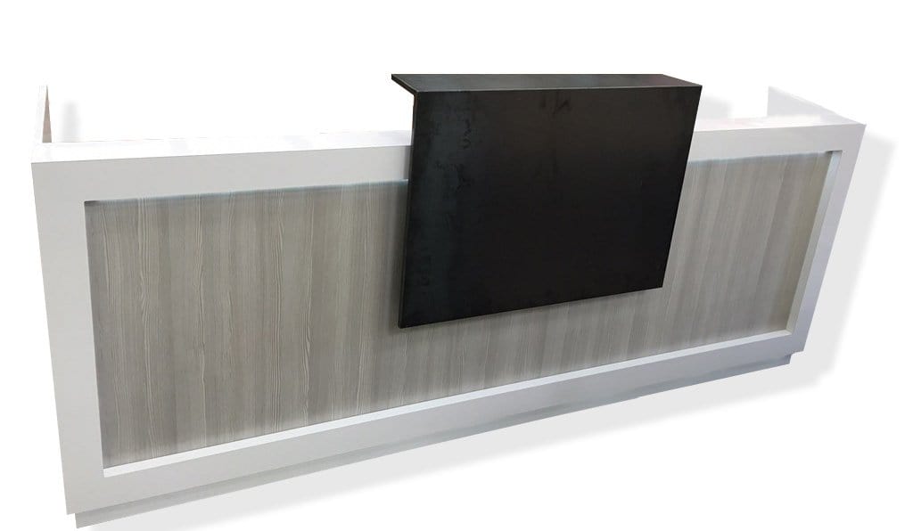 This sleek yet bold reception counter or reception desk has a modern look with a warm feel.