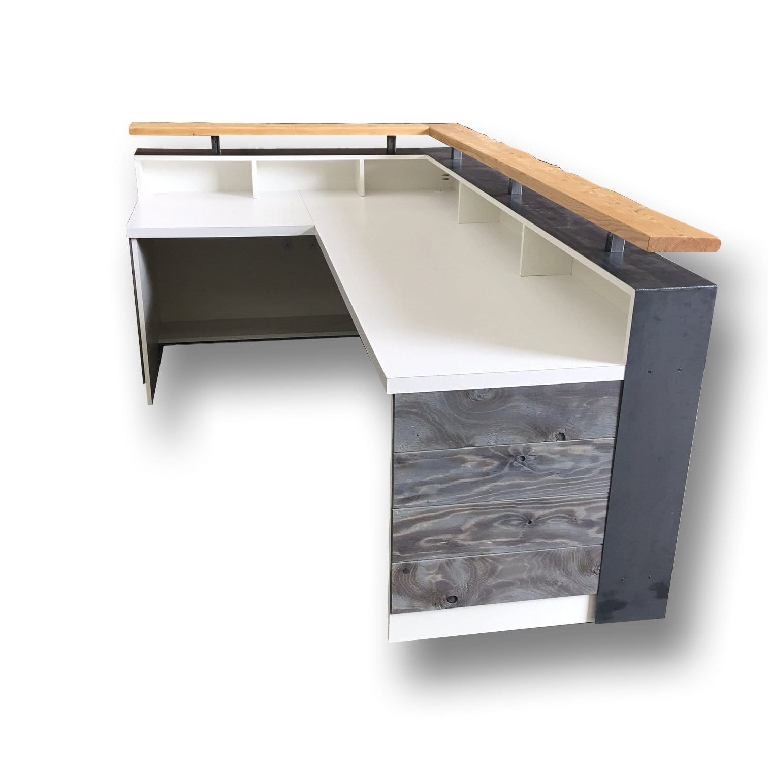 Transitional reception desk with distressed wood and live edge riser 