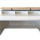 Transitional reception desk with distressed wood and live edge riser 