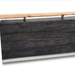 Transitional reception desk with distressed wood and live edge riser