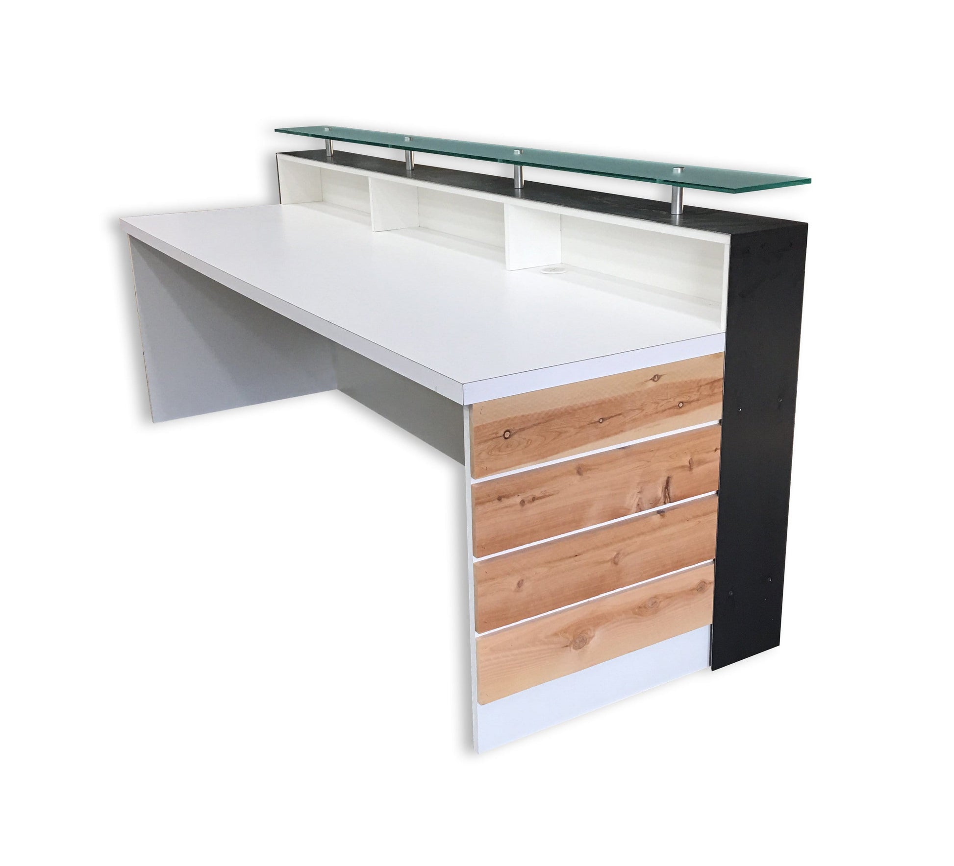 White Memphis Reception Desk With Glass Riser and Cedar Slats ...